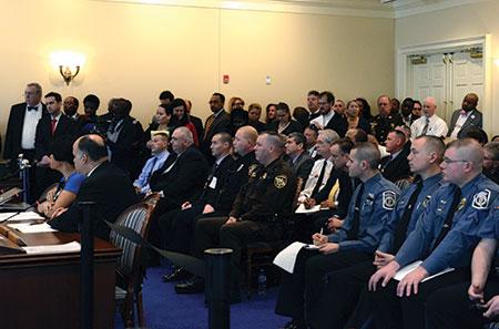 Police officers and activists packed the House Judiciary Committee meeting room, where legislators heard testimony about a variety of police accountability bills, including one bill that would alter Maryland’s Law Enforcement Officers’ Bill of Rights. (Marc Shaprio)