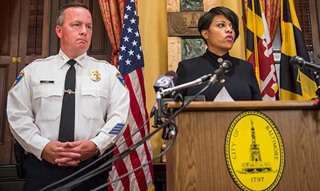 Interim Baltimore Police Commissioner Kevin Davis with Mayor Stephanie Rawlings-Blake at a news conference. 