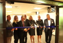 Ribbon-cutting ceremony for the Sinai Wellness and Education Suite, with (from left) Barak Hermann, Laura Rubenstein, Neil Meltzer, Daniel Blum, Beth Goldsmith, Rebecca Altman and Marc Terrill