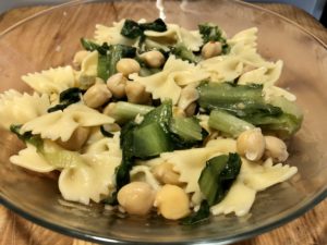 farfalle pasta with greens and chickpeas