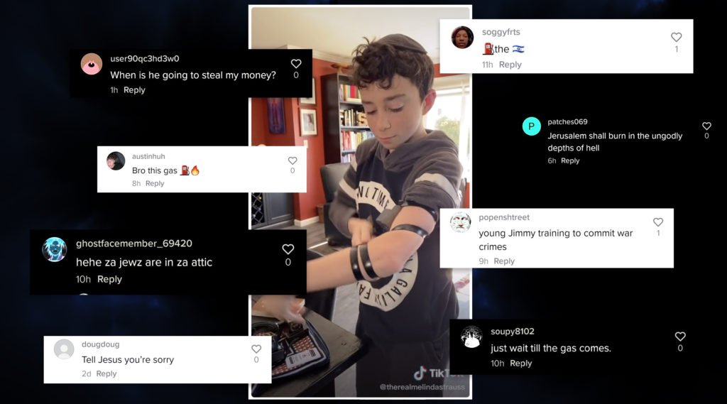 Boy putting on tefillin surrounded by antisemitic comments