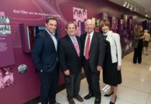 From left: Rabbi Chai Posner, Rabbi Mitchell Wohlberg, Sen. Ben Cardin and Zipora Schorr at a preview of the Beth Tfiloh Centennial Timeline exhibit