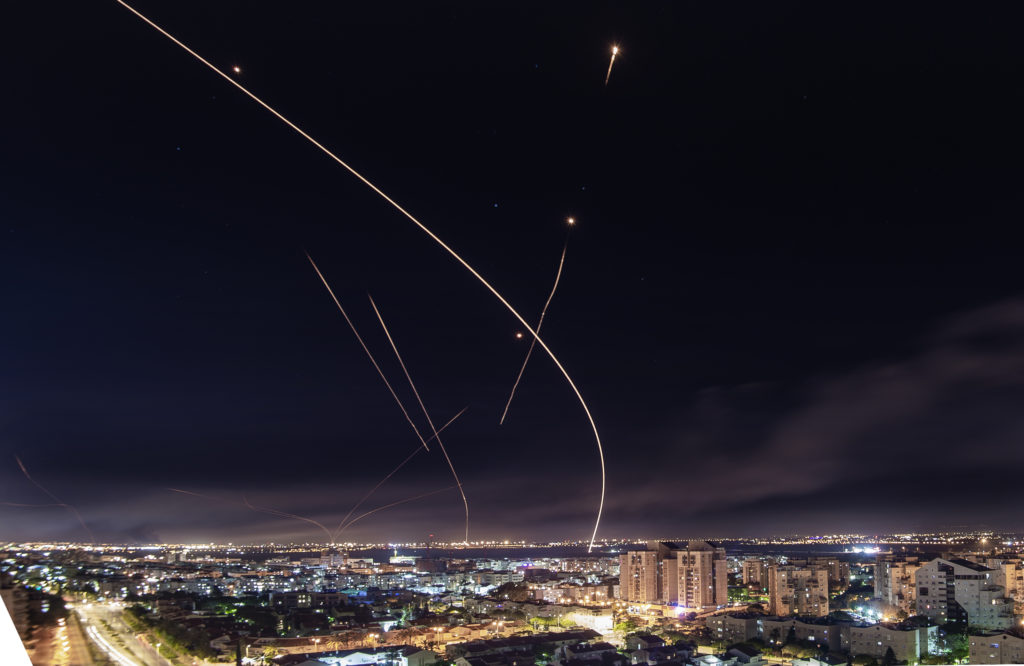 Iron Dome missile defense interceptors over Ashkelon