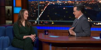 Julia Ioffe with Stephen Colbert