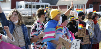 Students at the Norfolk County Agricultural High School in Walpole, Massachusetts march as part of a nationwide student protest over anti-LGBT education policies