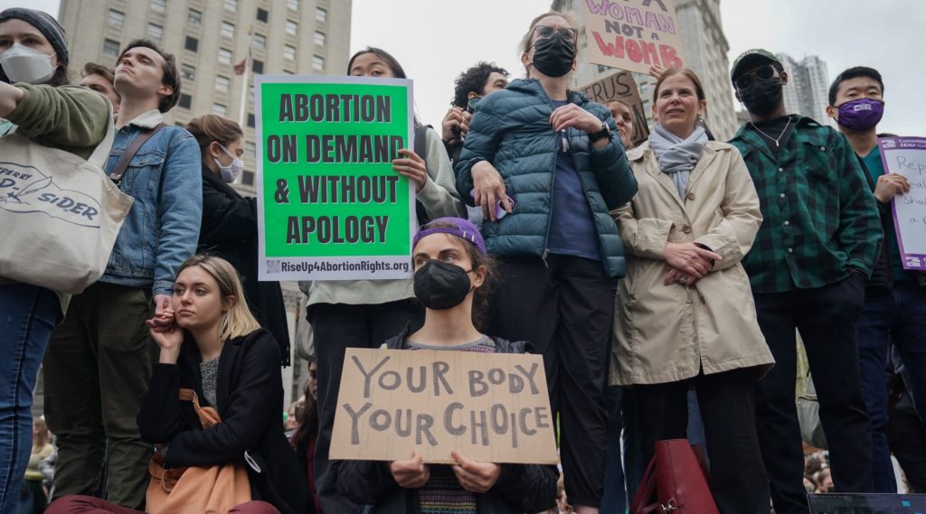 People protest in reaction to the leak of the Supreme Court draft abortion ruling
