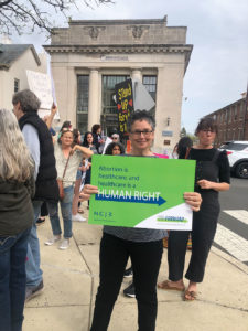 Liz Downing at a Doylestown, Pa., courthouse protesting the Supreme Court draft overturning Roe v. Wade