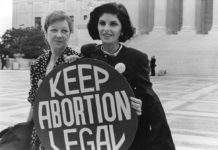 From left: Norma McCorvey (Jane Roe) and her lawyer Gloria Allred on the steps of the Supreme Court in 1989