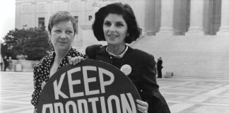 From left: Norma McCorvey (Jane Roe) and her lawyer Gloria Allred on the steps of the Supreme Court in 1989