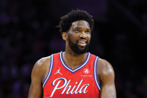Joel Embiid of the Philadelphia 76ers looks on during the fourth quarter against the Toronto Raptors during a game at the Wells Fargo Center in Philadelphia, April 18, 2022. 