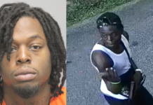 Split-screen image: on left, man with goatee and locs in an orange prison top; on right, surveillance image of man in white undershirt and dark pants.