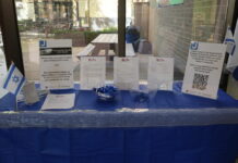 A table with blue and white ribbons at the JCC