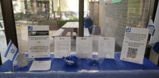 A table with blue and white ribbons at the JCC