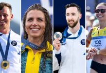 Jewish athletes Tom Reuveny, Jessica Fox, Artem Dolgopyat and Jemima Montag hold up their medals