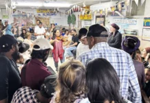 A violinist playing a violin in front of a group of people