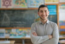 8 Events in Jewish Baltimore You Should Know About A young jewish male school teacher stands confidently in front of a chalkboard in a brightly decorated classroom. he has a warm smile and is dressed in a light shirt. the classroom features educational posters and a positive learning atmosphere.