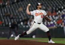 A man wearing a baseball uniform about to throw a ball.