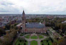 An aerial view of a large building.