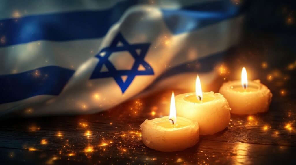 A blue and white Israeli flag and memorial candles.