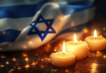 A blue and white Israeli flag and memorial candles.