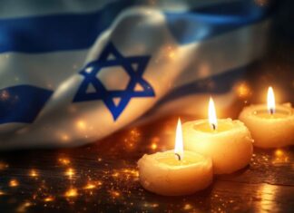A blue and white Israeli flag and memorial candles.