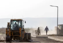 A bulldozer at a construction site.