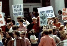 Opinion: When Protests Become Risk Protesters, many of them Jewish and many holding signs that harken back to the Holocaust, gather for an anti-neo-Nazi demonstration in front of Skokie Village Hall outside Chicago in May 1977.