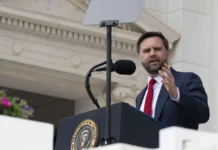 U.S. Vice President JD Vance speaks at the Memorial Day observance in honor of U.S. military members who have died in service to the country at Arlington National Cemetery, May 26, 2025.