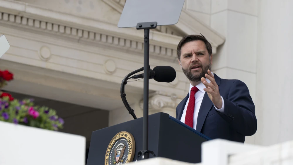 U.S. Vice President JD Vance speaks at the Memorial Day observance in honor of U.S. military members who have died in service to the country at Arlington National Cemetery, May 26, 2025.