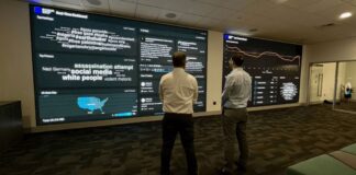 Steven Fransblow, left, and Adam Katz, right, look at the real-time dashboard at the Blue Square Alliance Against Hate command center in Foxborough, Massachusetts.