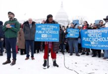 Members of the National Education Association and allies in Congress rally outside Secretary of Education nominee Linda McMahon’s confirmation hearing on Feb. 12, 2025, in Washington, D.C.