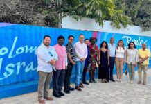 Margarita Manjarrez, Colombia’s last ambassador to Israel, center, and local officials inaugurate the ‘Encuentro de Culturas’ mural on Sept. 10, 2023, in the Israeli city of Ramle.