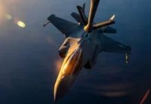 A U.S. F-35 stealth fighter is refueled during a routine patrol over regional waters in the Middle East, May 2026.
