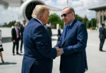 U.S. President Donald Trump is greeted by Turkish President Recep Tayyip Erdoğan at Etimesgut Air Base in Ankara, July 7, 2026.