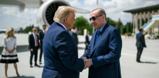 U.S. President Donald Trump is greeted by Turkish President Recep Tayyip Erdoğan at Etimesgut Air Base in Ankara, July 7, 2026.