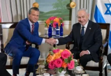 Israeli Prime Minister Benjamin Netanyahu (right) shakes hands with U.S. Secretary of Defense Pete Hegseth during a meeting at Blair House in Washington on July 29, 2026.