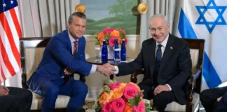 Israeli Prime Minister Benjamin Netanyahu (right) shakes hands with U.S. Secretary of Defense Pete Hegseth during a meeting at Blair House in Washington on July 29, 2026.
