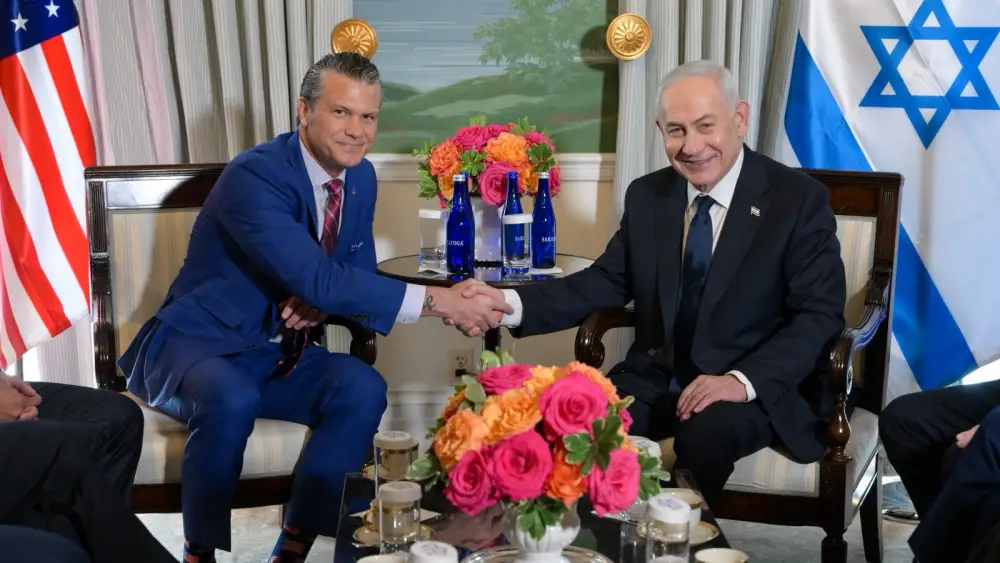 Israeli Prime Minister Benjamin Netanyahu (right) shakes hands with U.S. Secretary of Defense Pete Hegseth during a meeting at Blair House in Washington on July 29, 2026.