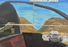 ‘On the Path of Memory’ by Shira Cohen reflects on the murder of Lucy, Maia and Rina Dee in a 2023 terrorist attack. The four-panel work depicts a car moving forward while its side mirror reflects tragedy, exploring the tension between remembrance and continuing with life.