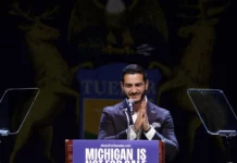 Democratic Senate candidate from Michigan Abdul El-Sayed addresses supporters at his election night event at the Majestic Theatre in Detroit, Mich., on Aug. 4, 2026.